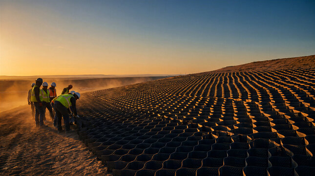Construction crew installing geocell erosion control system on hillside at golden hour