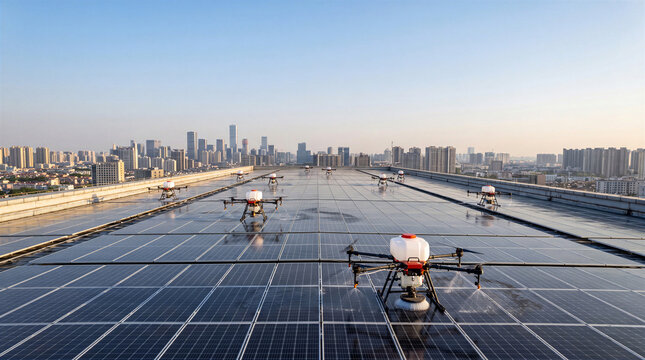Autonomous drones cleaning rooftop solar panels above city skyline