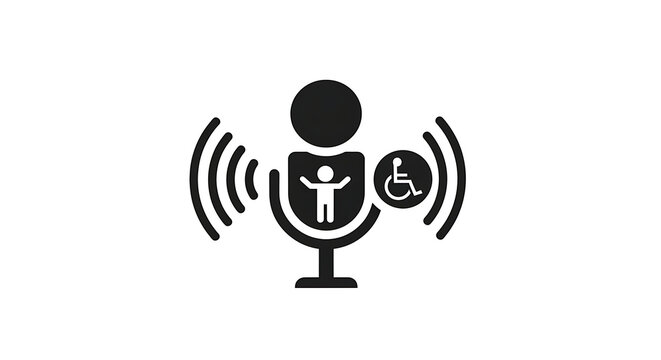 Icon of a microphone with a child and a wheelchair symbol, representing inclusive communication
