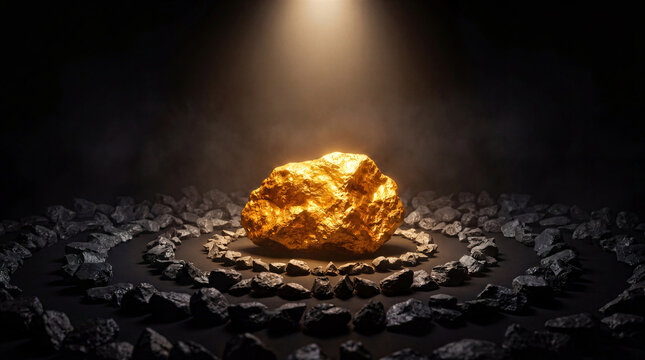 Large gold nugget glowing under dramatic spotlight surrounded by dark rocks
