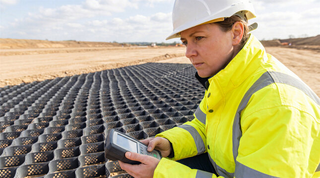 Female engineer inspecting geocell ground stabilization system at construction site