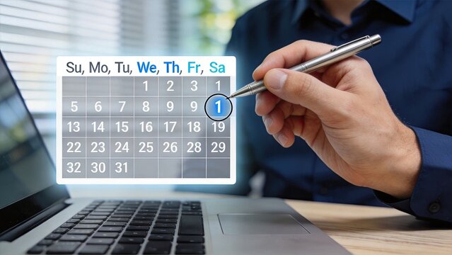 Businessman hand pointing at calendar date with pen, digital interface showing schedule management, time planning appointment booking concept for corporate office work environment