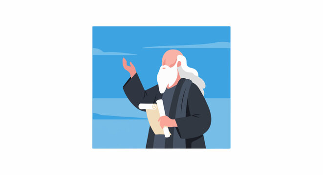 Elderly man with white beard and flowing hair, wearing a dark robe, holding a scroll