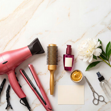 Professional hair styling tools and products flat lay on marble surface
