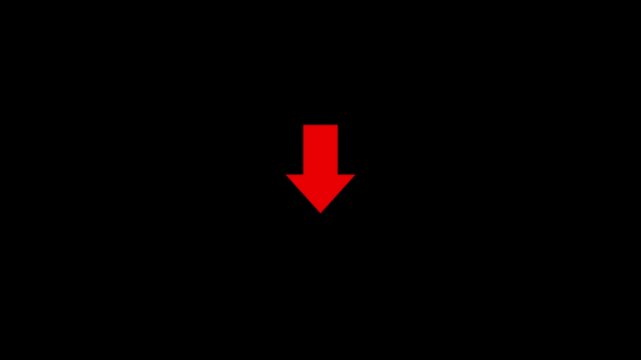 A bold, solid red downward-pointing arrow is centered against a stark black background, clearly indicating direction, a warning, or a negative trend with its simple, form. Keywords: red, arrow