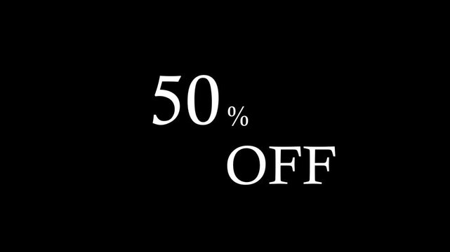 Bold white text displaying fifty percent off fifty percent off with a percentage symbol and the word off in a classic serif font against a deep black background signifying a promotional sale or
