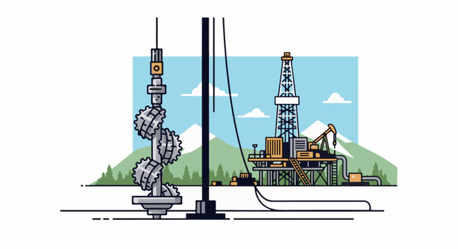 Drilling rig with drill bit and pumpjack in a mountainous landscape