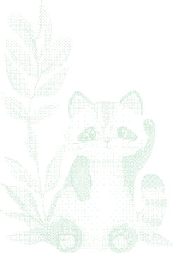 Cute raccoon embroidered with green thread on white background next to plant branch concept of handmade crafts