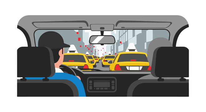 Driver in traffic jam with yellow taxis in a city