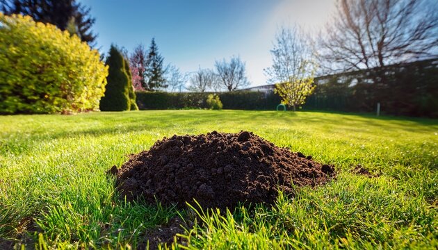 molehill on freshly scarified lawn in spring garden