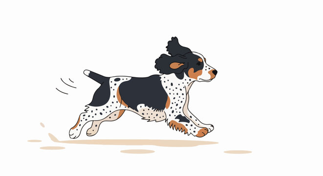 Energetic spaniel puppy with black, white, and tan spots running joyfully
