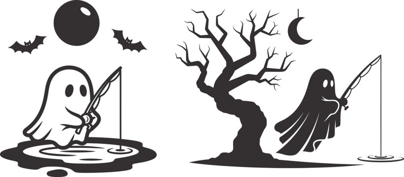 Halloween fishing skeleton ghost vector illustration spooky nighttime angler with bats and crescent moon