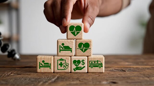 Conceptual image of hand stacking health-related icons on wooden blocks. Represents comprehensive medical insurance, healthcare services, and financial planning for wellness, protection, and benefits.