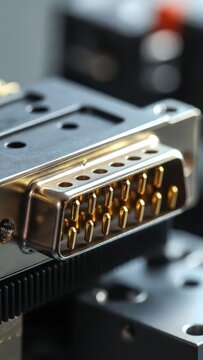 Detailed macro shot of a shiny gold-plated DB25 connector with pins, technology