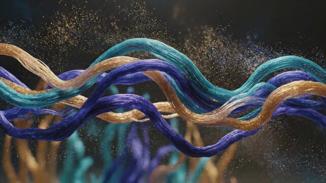 Abstract wavy fibers and floating particles background, blue and gold silk threads motion fluid flow animation