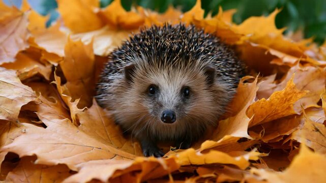Cute hedgehog resting in a pile of orange autumn leaves, cozy wildlife scene with warm natural forest atmosphere