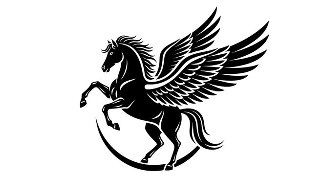 Majestic Black Pegasus Rearing Up with Powerful Wings Spread Wide.