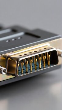Close-up macro shot of a gold-plated DB-25 connector with pins, technology