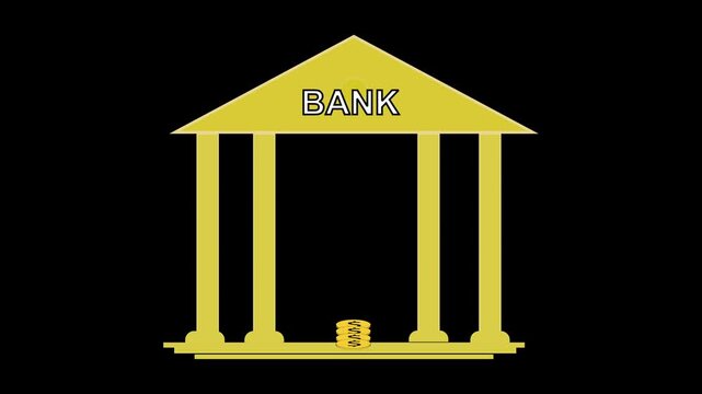 Bank building animation with gold coins. Bank building digital financial symbol. Bank building business technology graphic on black background for banking.