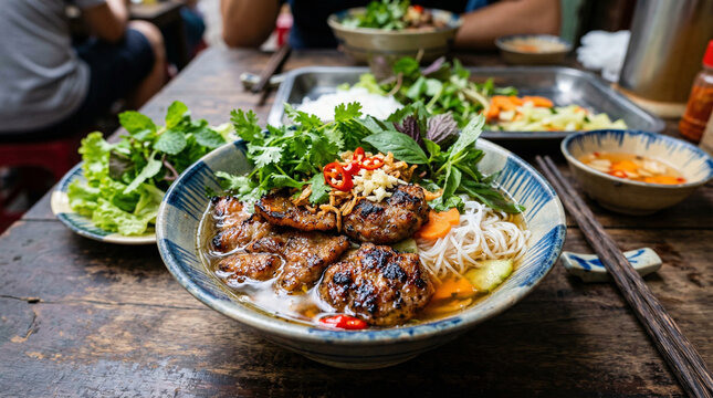 Vietnamese grilled pork noodle bowl close-up