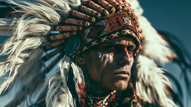 Close up face of a handsome Native American man wearing a feathered war bonnet, powerful tribal portrait with dramatic cultural atmosphere