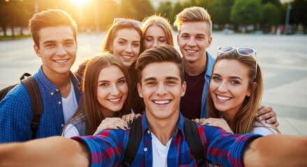 Obraz premium Group of Happy Diverse Young Friends Taking a Selfie Outdoors During G