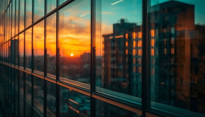 Fototapeta premium Abstract close-up of modern glass building facade with distorted reflections of sunset and cityscape