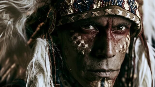 Close up face of a handsome Native American man wearing a feathered war bonnet, powerful tribal portrait with dramatic cultural atmosphere