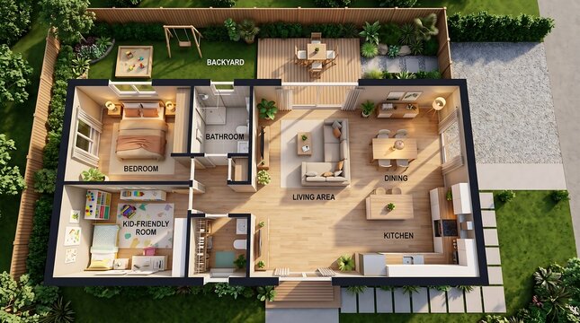 modern family house floor plan top view  with living room, kitchen, bedroom and backyard garden