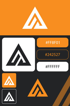 Abstract geometric latter A and F logo in orange, dark gray, white; showing hex codes and diverse layout applications.