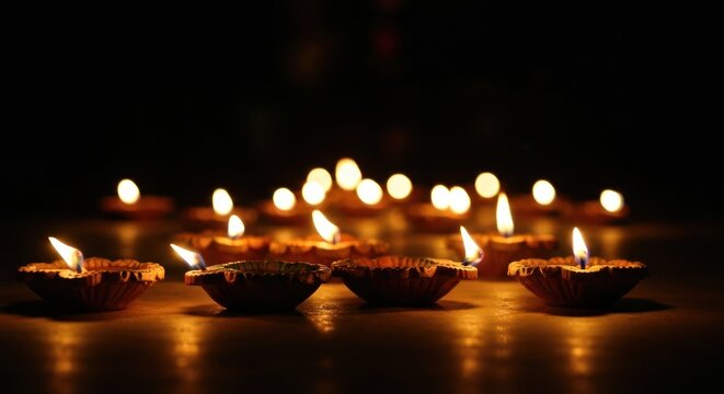 Diwali celebration with traditional oil lamps illuminating the darkness.