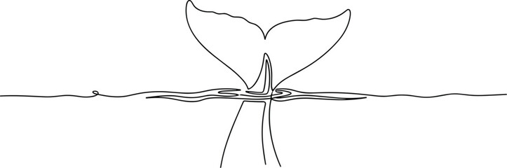 Minimalist Line-Art Vector Illustration of a Whale Tail Partially Submerged in the Water with Ripples for Marine Life, Ocean, Wildlife, and Nature-Themed Design Projects © Shilpi