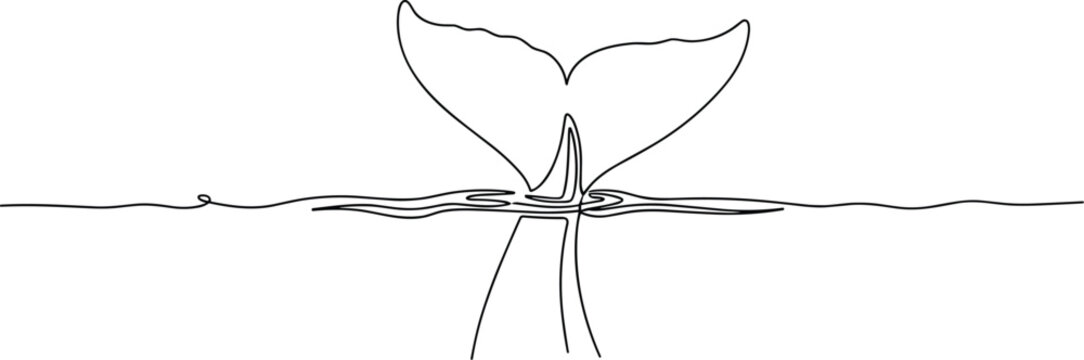 Minimalist Line-Art Vector Illustration of a Whale Tail Partially Submerged in the Water with Ripples for Marine Life, Ocean, Wildlife, and Nature-Themed Design Projects