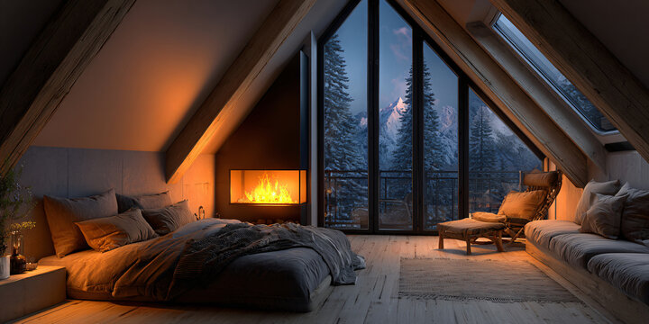 Cozy Attic Loft Bedroom with Fireplace and Large Windows