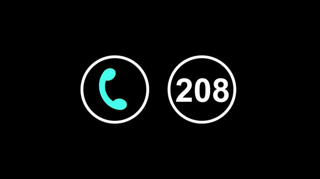 Telephone icon animation with number 124. Telephone digital communication symbol. Telephone contact and help technology graphic on black background.