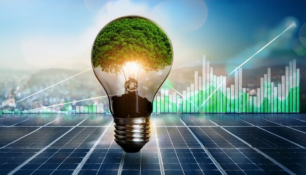 green new deal double exposure of light bulb and data chart symbolizing energy cost reduction and sustainability efforts