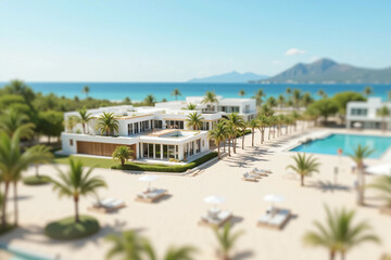 Fototapeta premium Luxury standalone miniature beach house positioned on a soft sandy shoreline. The house features modern coastal architecture with clean lines, large glass windows, a minimalist terrace