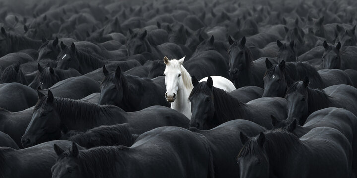 Large Herd of Black and White Horses Running Together