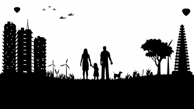 Silhouette of family with dog in city park with wind turbines and hot air balloons