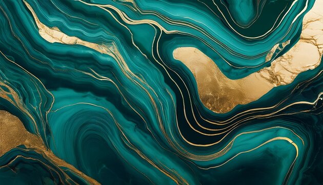 abstract fluid marble texture with gold veins on deep emerald green background
