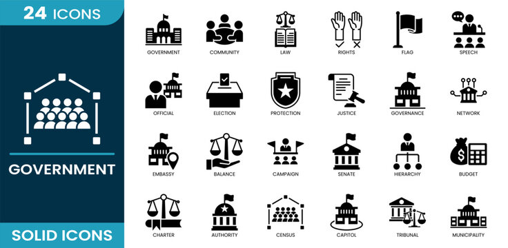 Government icon set. government, community, law, rights, flag, protection, justice, official, election, campaign, network, speech, census. Solid icons.