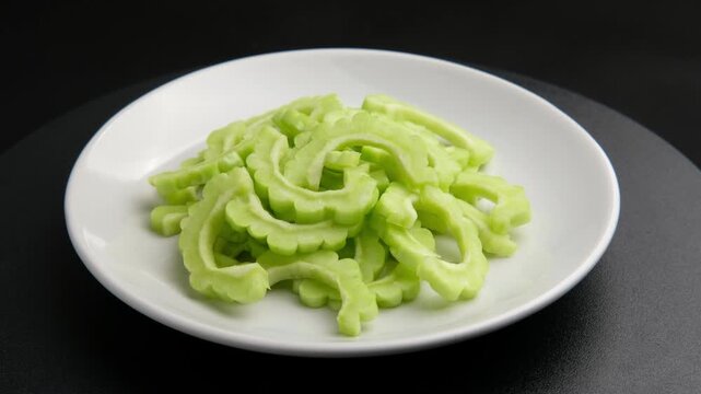 Sliced Bitter Gourd (Bitter Melon) in white plate.