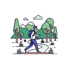 Fototapeta premium Hiker walks on a winding path through a green forest with mountains in the background