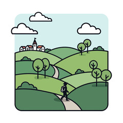 Fototapeta premium Hiker Walks on Winding Path Through Rolling Green Hills Towards Village