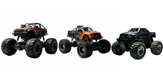 High contrast monster truck trio with oversized tires, orange and black bodies, dramatic studio lighting for stunt themed toy collections, displays and bold photos   © Photo