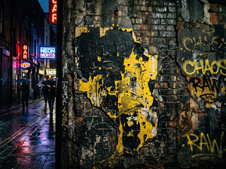Fototapeta premium Weathered concrete wall with graffiti and cracks, urban decay, grunge texture, street art background, industrial ruin, old building surface, colorful distressed paint