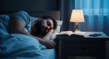Fototapeta premium Peaceful Man Sleeping in Bed at Night with Lamp, Book, and Smartphone