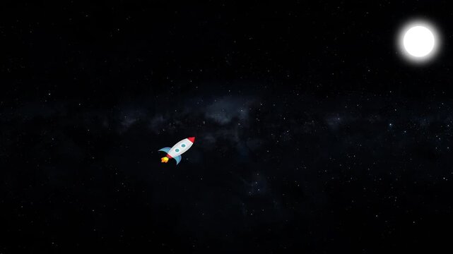 Rocket ship animation in starry space. Rocket ship digital space exploration. Rocket ship science technology graphic on black background for astronomy.