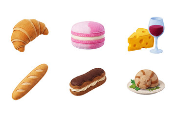 3D render set of popular French food icons in soft felt style featuring croissant, macaron, red wine with cheese, baguette, chocolate eclair, and escargot snail © 𝙈𝙧. 𝙈𝙀𝙎𝘼