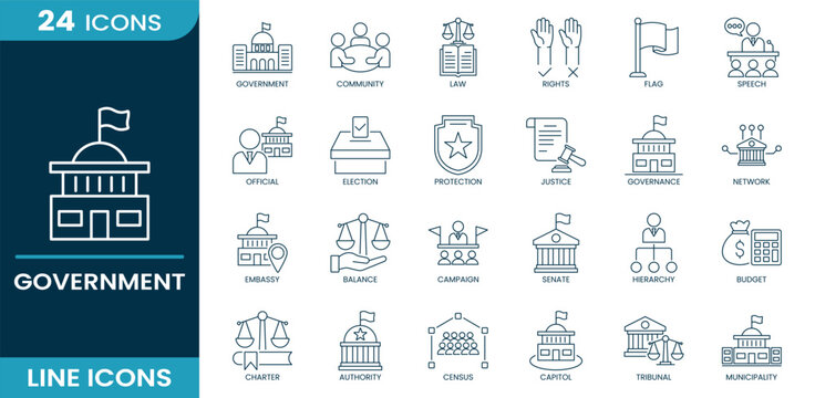 Government icon set. government, community, law, rights, flag, governance, embassy, balance, senate, hierarchy, budget, tribunal. Line icons.